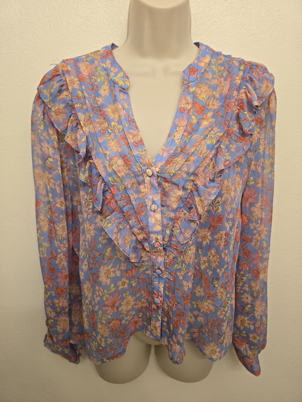 NWT Zara Ladies Light Blue Ruffle Front Blouse With Pink & Yellow Flowers